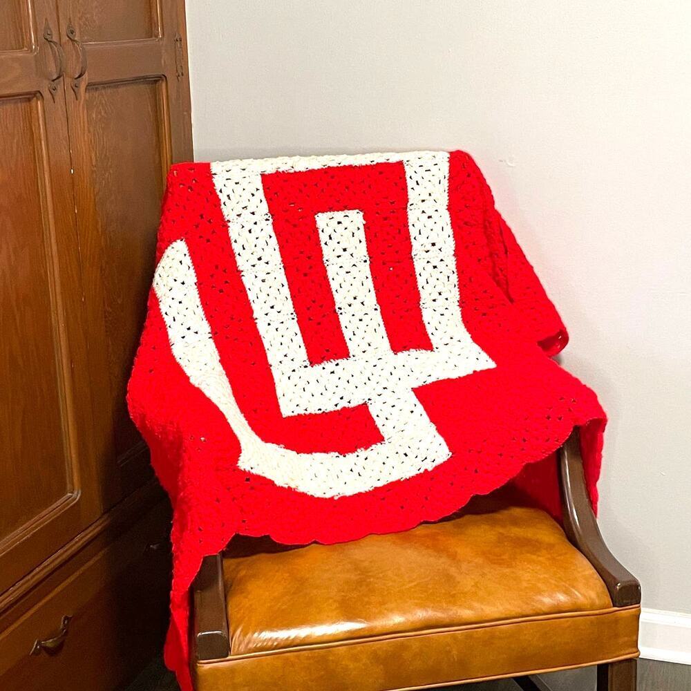 Vintage Handmade Crochet Granny Afghan Red White O U Boomer Sooner Blanket